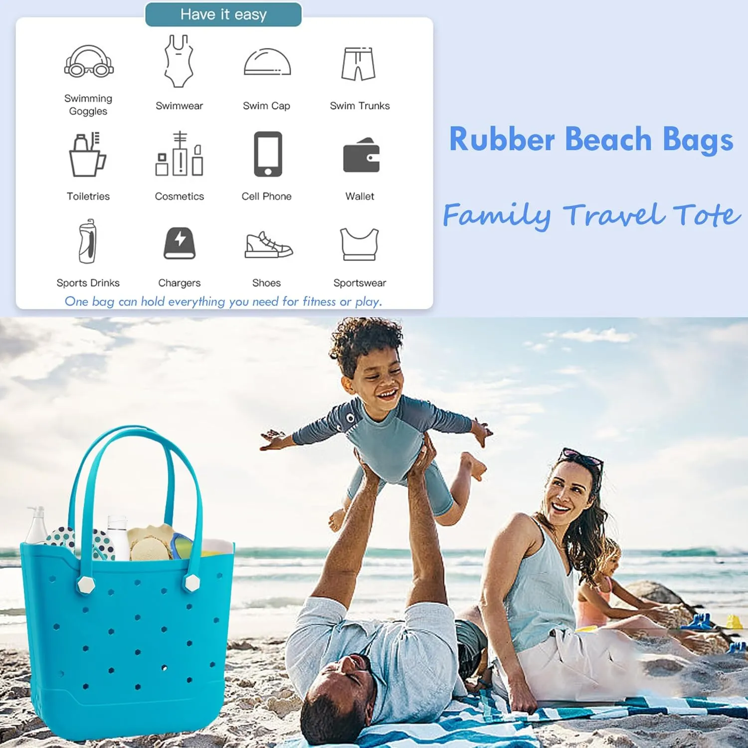 Rubber Beach Tote Bag for Men & Women, Waterproof Beach Bags EVA Travel Tote for Sports Outdoor Beach