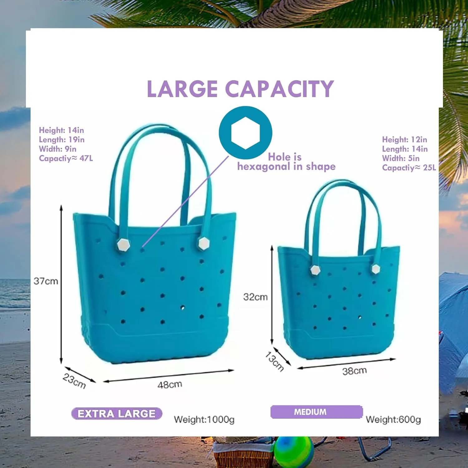 Rubber Beach Tote Bag for Men & Women, Waterproof Beach Bags EVA Travel Tote for Sports Outdoor Beach