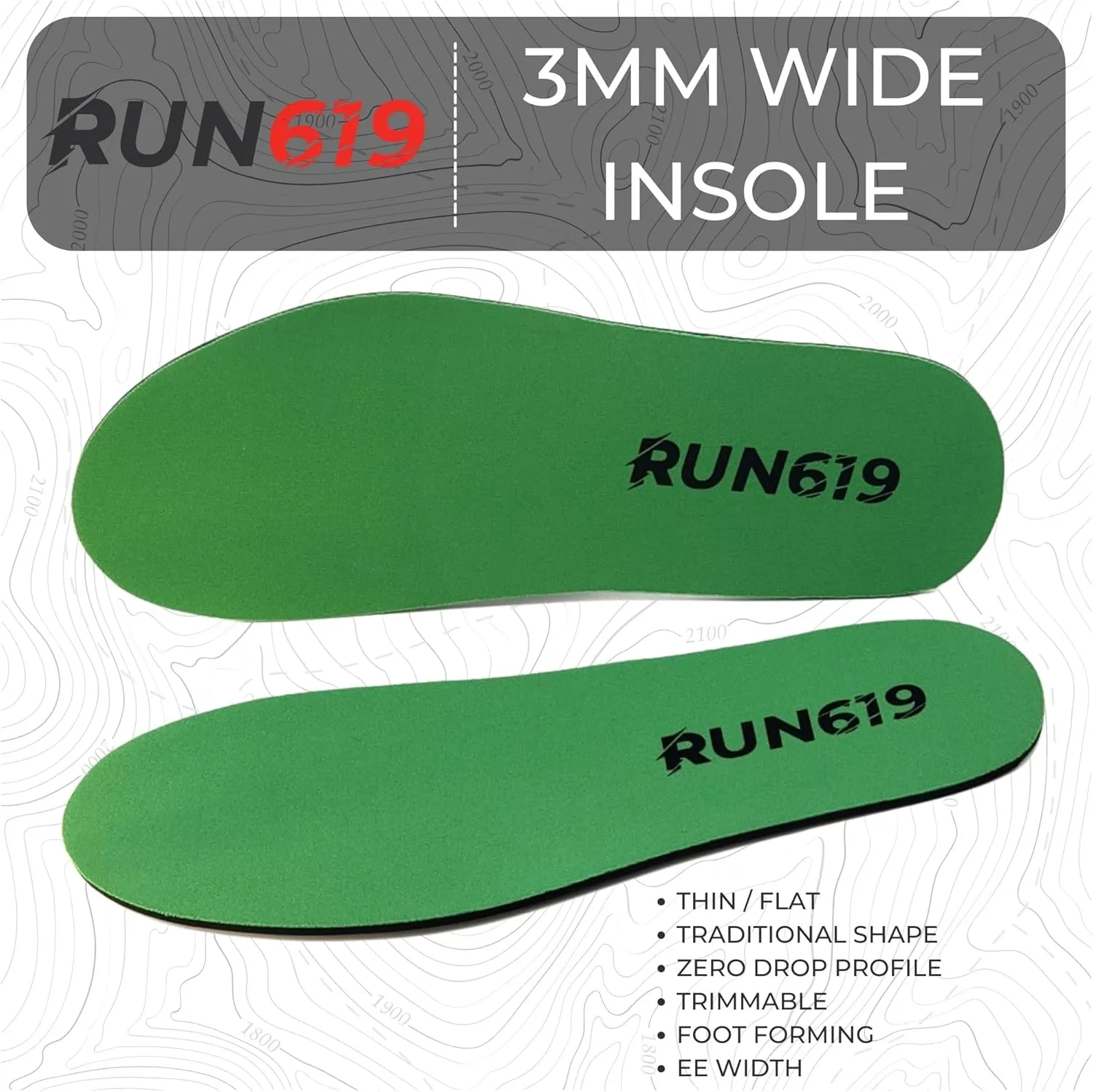 RUN619 Zero Drop Wide Shoe Insoles - Thin Flat Firm Shoe Inserts w/No Arch Support - Foot Forming - Firm EE Width 3mm Insoles (Size B - Men's 5-6 / Women's 5-7)