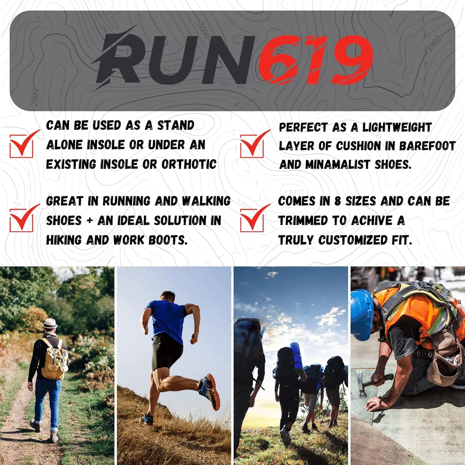 RUN619 Zero Drop Wide Shoe Insoles - Thin Flat Firm Shoe Inserts w/No Arch Support - Foot Forming - Firm EE Width 3mm Insoles (Size B - Men's 5-6 / Women's 5-7)