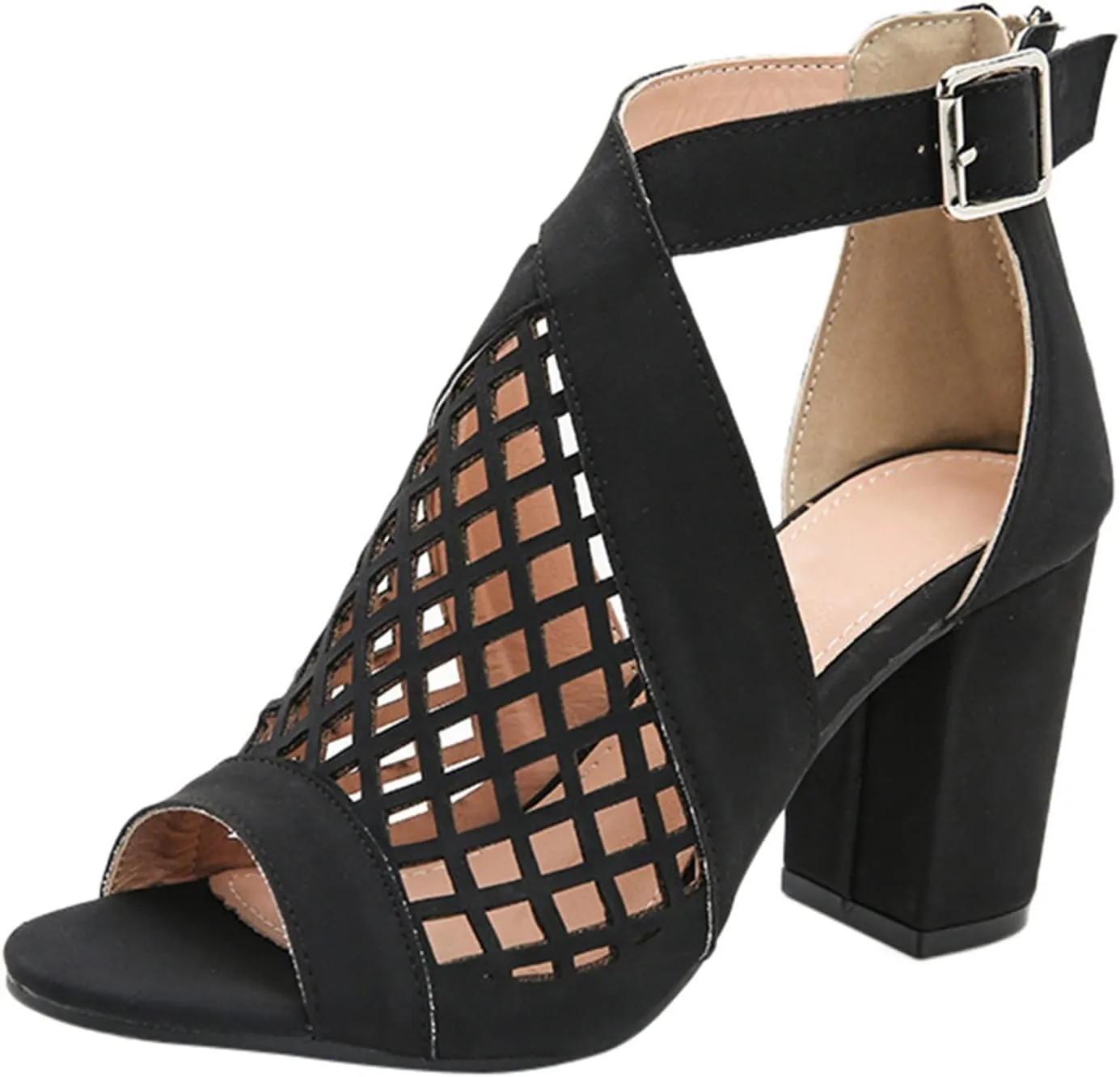 SACFOF Womens Chunky Heel Sandals Cut Out Peep Toe Zipper Block Heel Sandals Summer Beach Dressy Party High Heeled Sandals