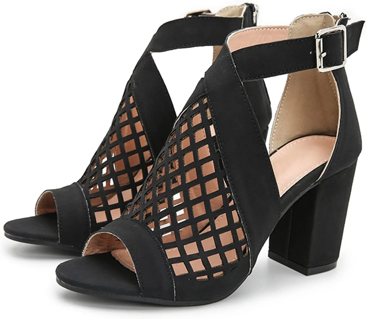 SACFOF Womens Chunky Heel Sandals Cut Out Peep Toe Zipper Block Heel Sandals Summer Beach Dressy Party High Heeled Sandals