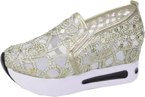 SACFOF Women's Floral Embroidery Breathable Mesh Sneakers Summer Platform Shoes Hidden Wedge High Top Walking Sneakers
