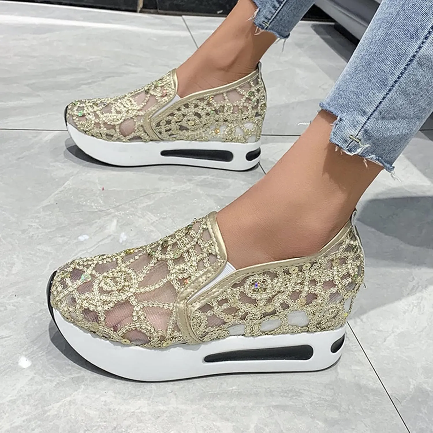 SACFOF Women's Floral Embroidery Breathable Mesh Sneakers Summer Platform Shoes Hidden Wedge High Top Walking Sneakers
