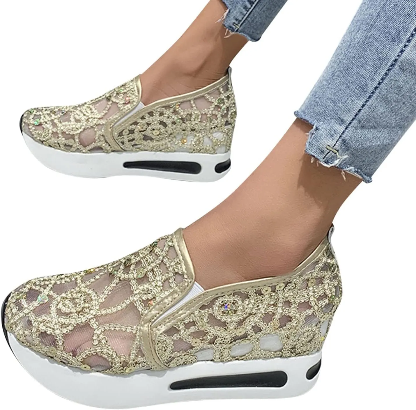 SACFOF Women's Floral Embroidery Breathable Mesh Sneakers Summer Platform Shoes Hidden Wedge High Top Walking Sneakers