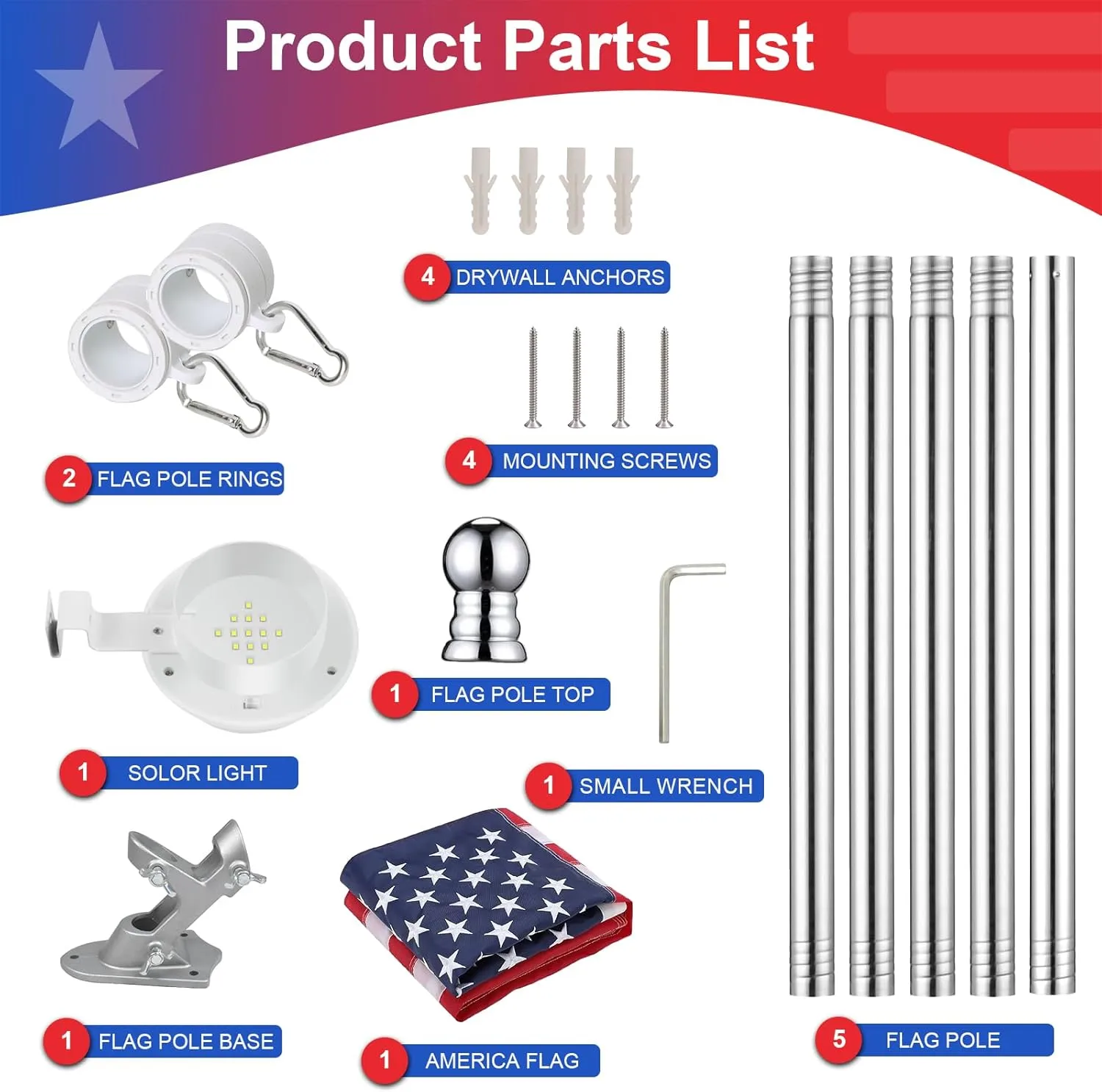 Silver 6ft American Flag Pole Kit with Solar Light for Outside House, Outdoor Tangle Free Metal Flagpole with Holder Bracket, 3x5 Foot Embroidered Flags, 13 LEDs Light Solar Powered, Work 10 Hours