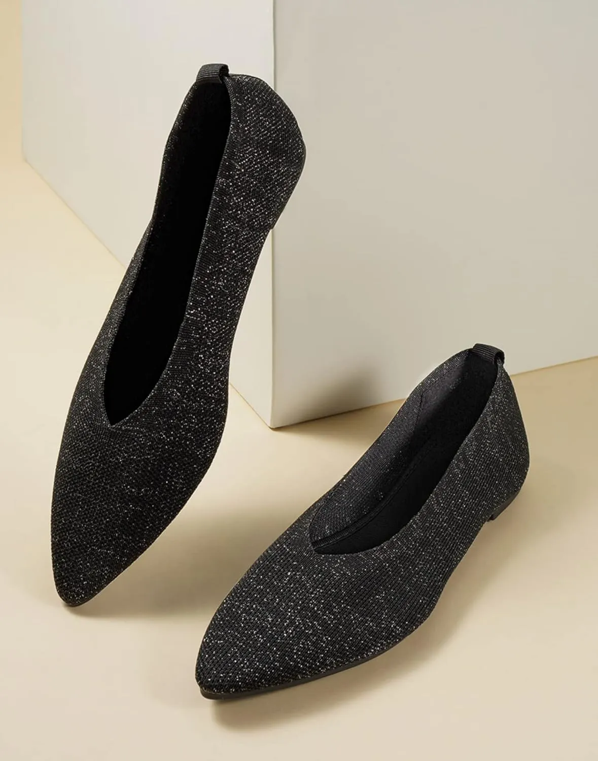 Slocyclub Flat Shoes for Women Classic Pointed Toe Slip On Ballet Shoes Knitted Texture Black Comfortable Dress Shoes