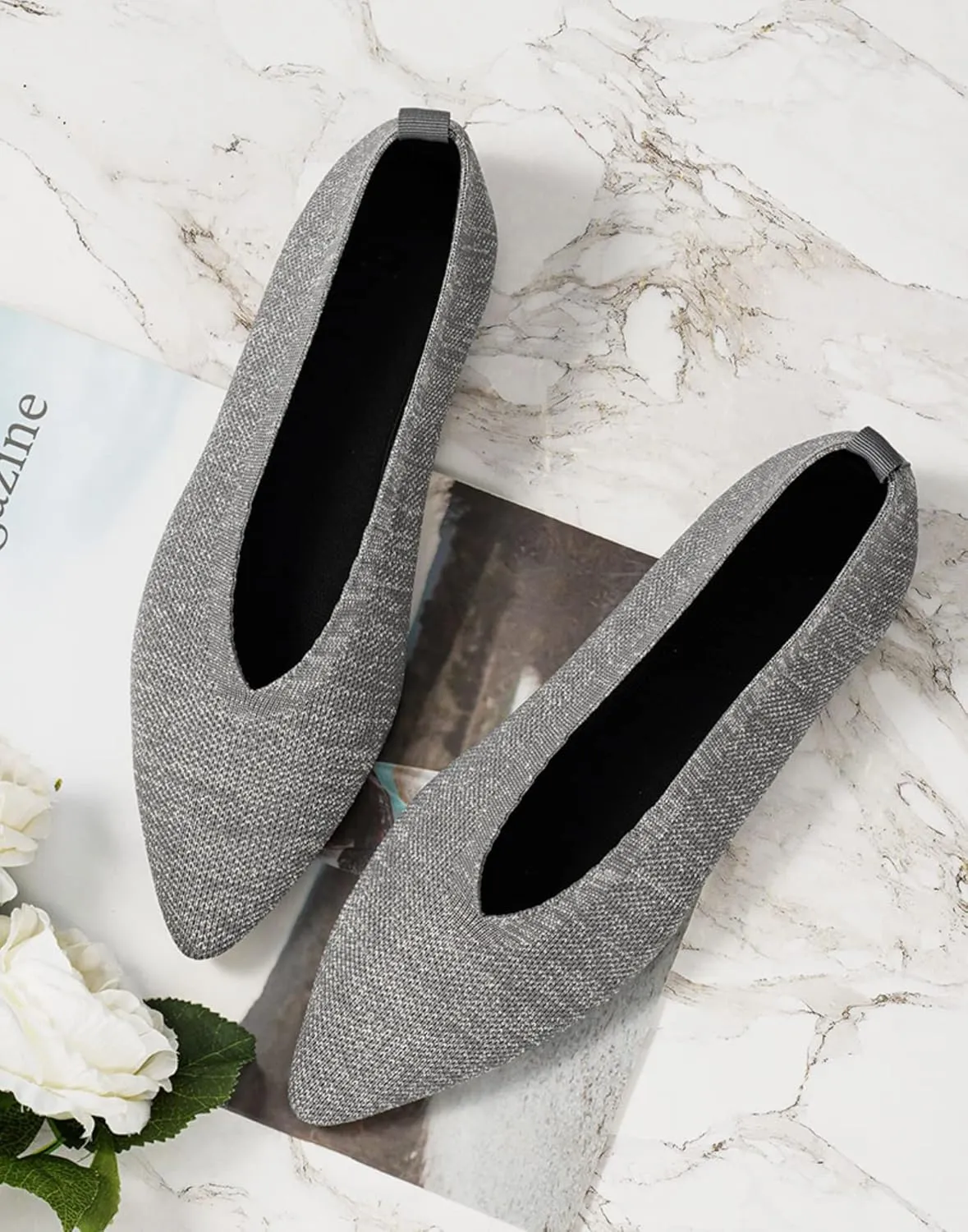 Slocyclub Flat Shoes for Women Classic Pointed Toe Slip On Ballet Shoes Knitted Texture Black Comfortable Dress Shoes