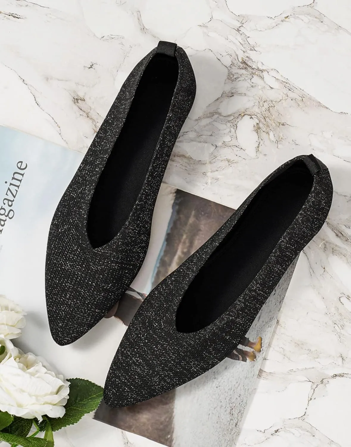 Slocyclub Flat Shoes for Women Classic Pointed Toe Slip On Ballet Shoes Knitted Texture Black Comfortable Dress Shoes