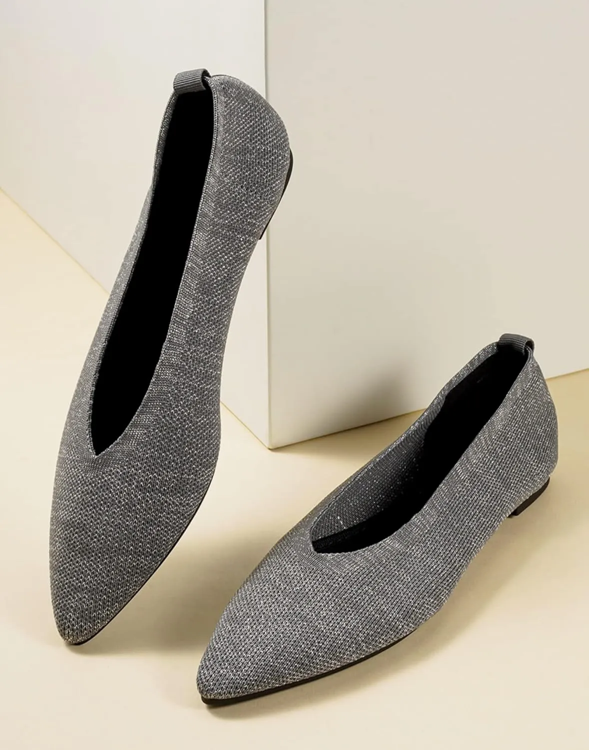 Slocyclub Flat Shoes for Women Classic Pointed Toe Slip On Ballet Shoes Knitted Texture Black Comfortable Dress Shoes