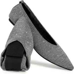 Slocyclub Flat Shoes for Women Classic Pointed Toe Slip On Ballet Shoes Knitted Texture Black Comfortable Dress Shoes