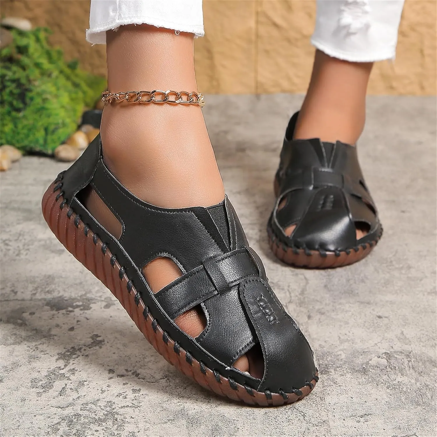 Soft Comfortable Sandals for Women Summer Casual Closed Toe Hollow Out Slip On Loafers Flat Fisherman Sandal Comfy Cute Breathable Orthopedic Beach Cowhide Loafers Comfort Driving Shoes