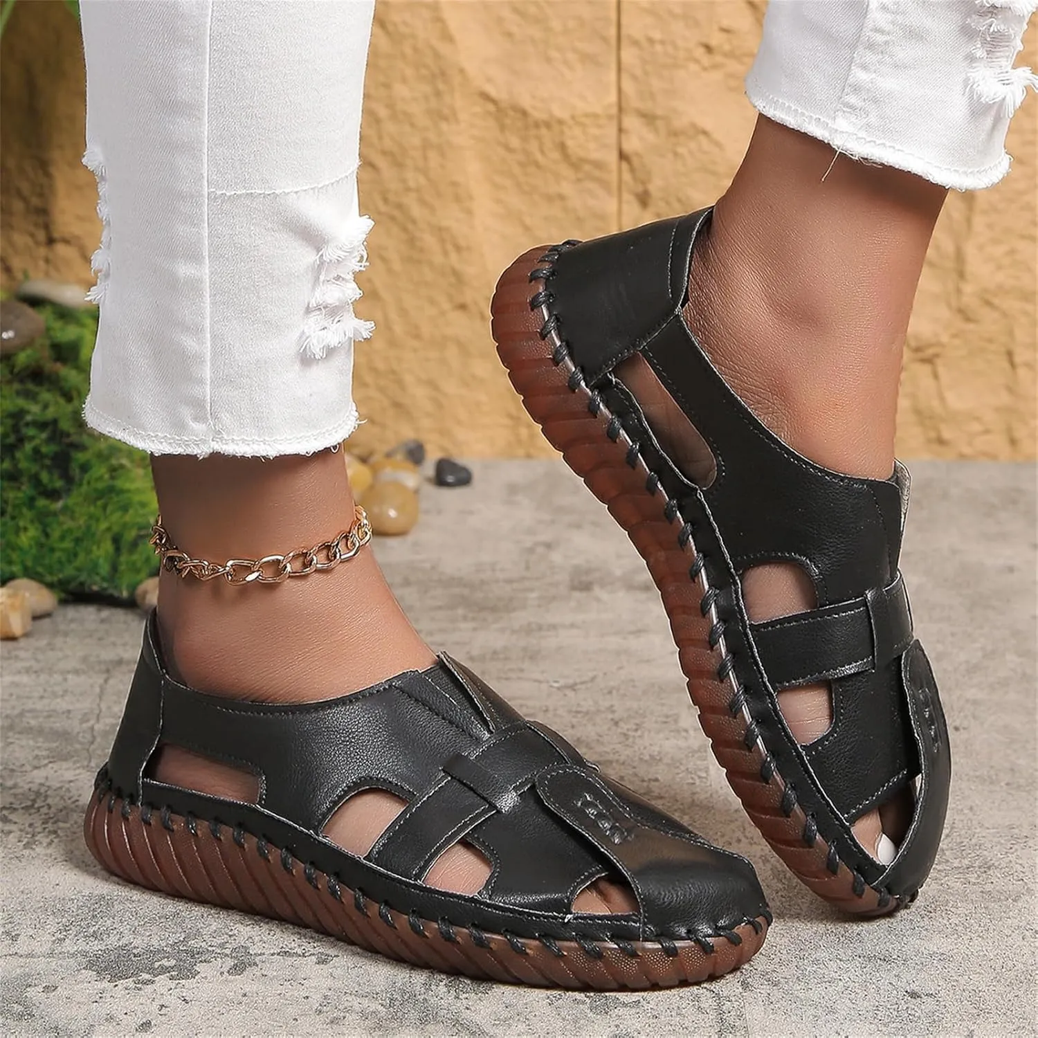 Soft Comfortable Sandals for Women Summer Casual Closed Toe Hollow Out Slip On Loafers Flat Fisherman Sandal Comfy Cute Breathable Orthopedic Beach Cowhide Loafers Comfort Driving Shoes