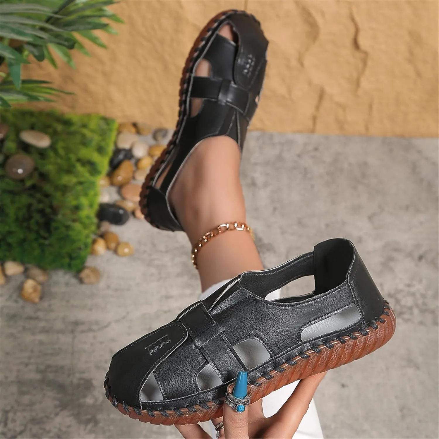 Soft Comfortable Sandals for Women Summer Casual Closed Toe Hollow Out Slip On Loafers Flat Fisherman Sandal Comfy Cute Breathable Orthopedic Beach Cowhide Loafers Comfort Driving Shoes