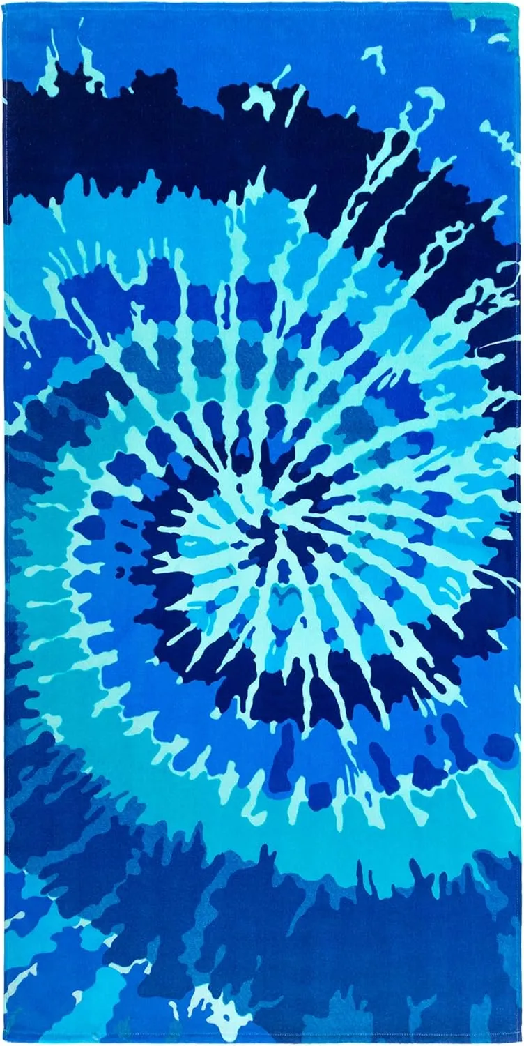 Softerry Tie Dye Beach Towel 30 x 60 inches 100% Cotton Velour One Side Printed (Blue Tie Dye, 30" x 60")
