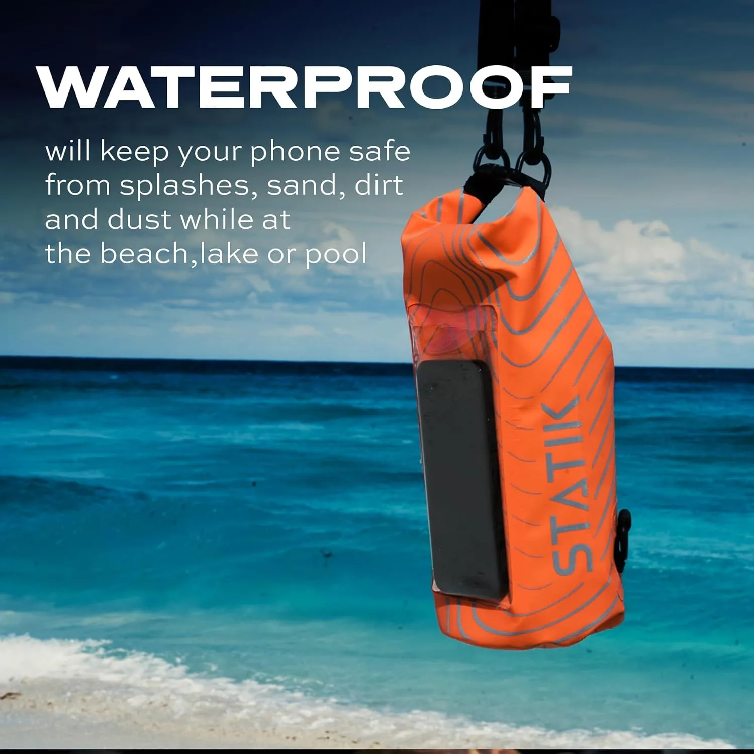 Statik MarCase Waterproof Dry Bag 2L - Roll Top Small Waterproof Bag, Touchscreen Phone Window & Light Reflective Pattern, Boating & Kayak Accessories for Fishing, Camping, Swimming (Orange)