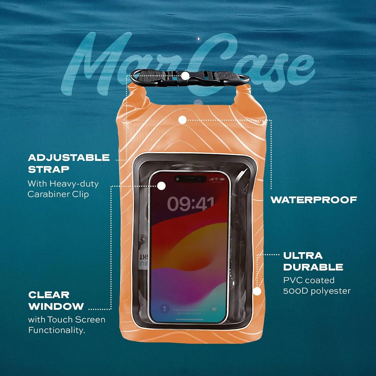 Statik MarCase Waterproof Dry Bag 2L - Roll Top Small Waterproof Bag, Touchscreen Phone Window & Light Reflective Pattern, Boating & Kayak Accessories for Fishing, Camping, Swimming (Orange)