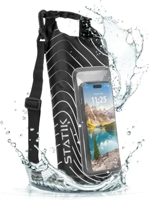 Statik MarCase Waterproof Dry Bag 2L - Roll Top Small Waterproof Bag, Touchscreen Phone Window & Light Reflective Stripes, Boating & Kayak Accessories for Fishing, Camping, Swimming (Black)