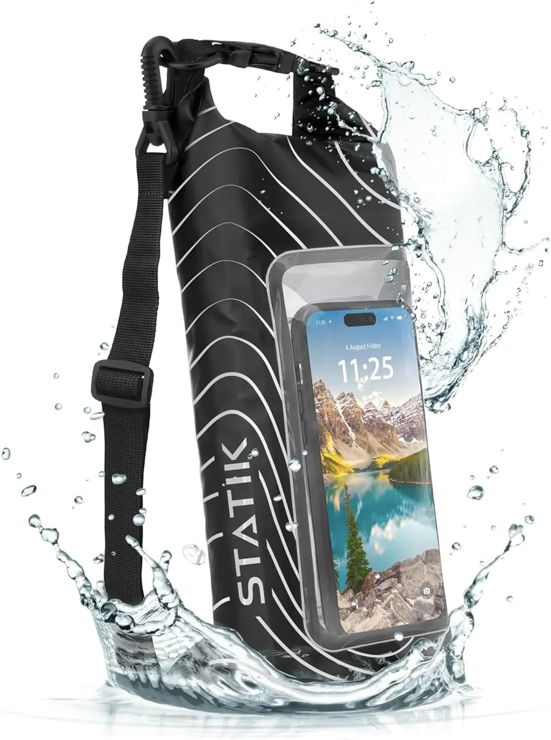 Statik MarCase Waterproof Dry Bag 2L - Roll Top Small Waterproof Bag, Touchscreen Phone Window & Light Reflective Stripes, Boating & Kayak Accessories for Fishing, Camping, Swimming (Black)