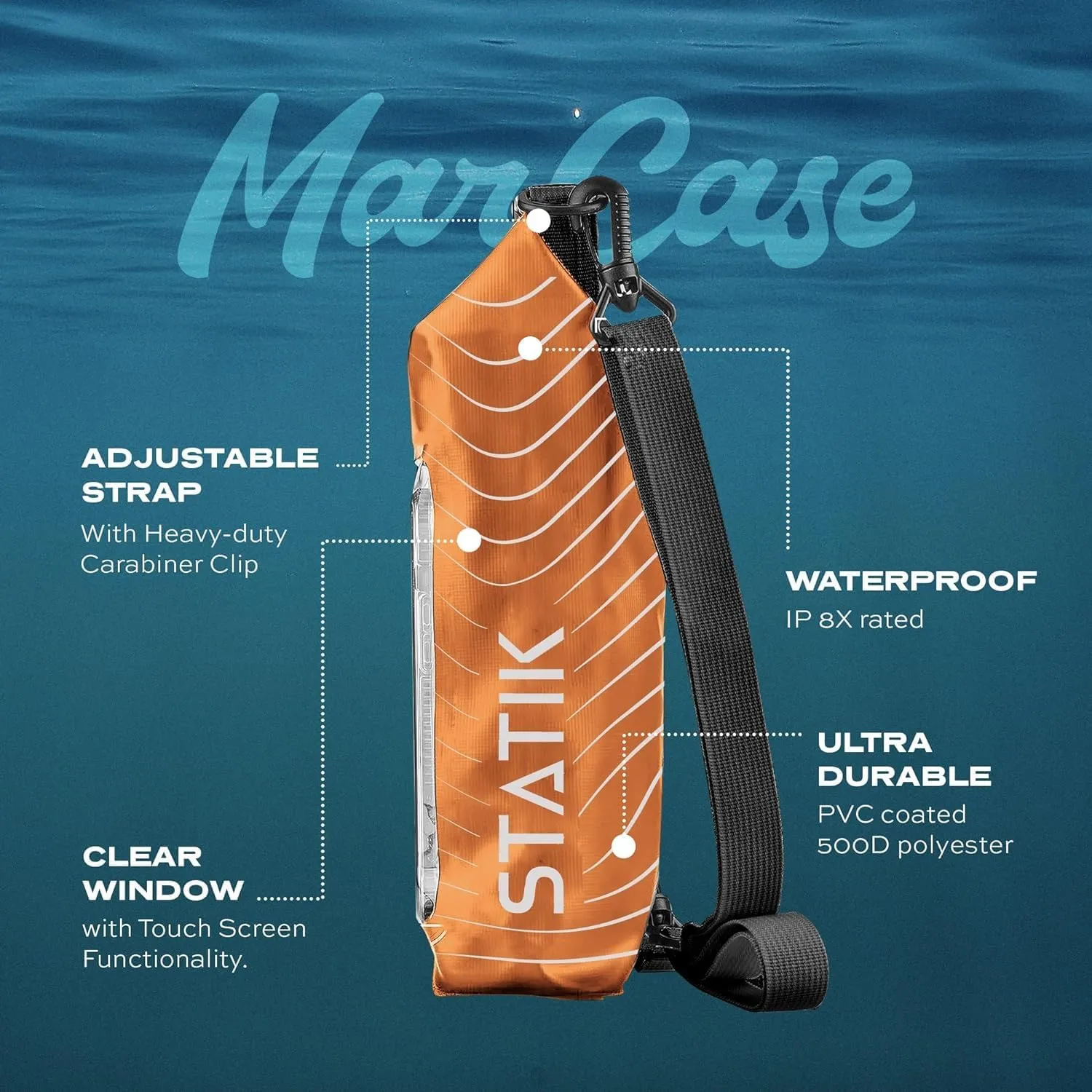 Statik MarCase Waterproof Dry Bag 2L - Roll Top Small Waterproof Bag, Touchscreen Phone Window & Light Reflective Stripes, Boating & Kayak Accessories for Fishing, Camping, Swimming (Black)