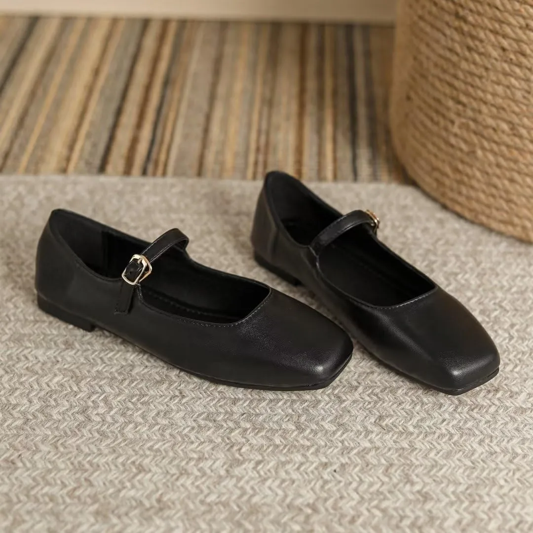 Stunner Mary Jane Square Toe Black Ballet Flats for Women - Comfortable Ankle Strap Casual Slip On Flats