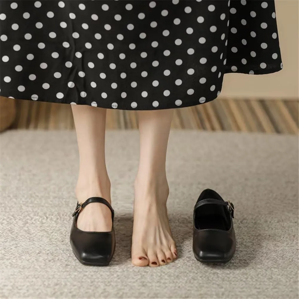 Stunner Mary Jane Square Toe Black Ballet Flats for Women - Comfortable Ankle Strap Casual Slip On Flats