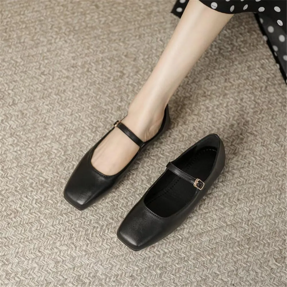 Stunner Mary Jane Square Toe Black Ballet Flats for Women - Comfortable Ankle Strap Casual Slip On Flats