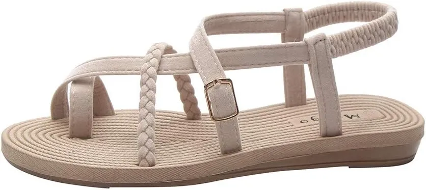 Summer Women's Fashion Flats Flip Flops Bottom Roman Sandals Wild Cross Straps Clip Toe Outdoor Beach Shoes (Beige-05#A, 6.5)