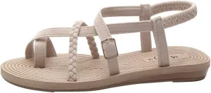 Summer Women's Fashion Flats Flip Flops Bottom Roman Sandals Wild Cross Straps Clip Toe Outdoor Beach Shoes (Beige-05#A, 6)