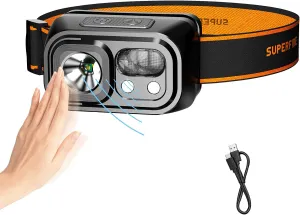 SuperFire Headlamp Rechargeable ，Lightweight Head Lamp with 9 Modes,IP44 Water Resistant,headlamp Flashlight for Running Fishing Hiking Camping, Outdoor,Rechargeable headlamps for Adults