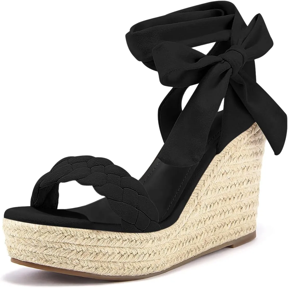 Syktkmx Womens Braided Wedge Espadrille Sandals Lace Up Slingback Open Toe Summer Platform Heeled Shoes