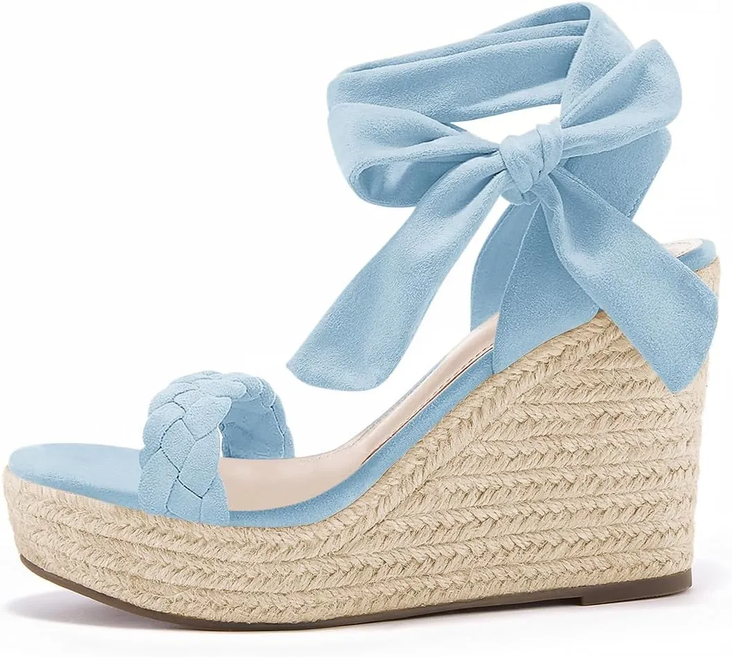 Syktkmx Womens Braided Wedge Espadrille Sandals Lace Up Slingback Open Toe Summer Platform Heeled Shoes