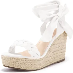 Syktkmx Womens Braided Wedge Espadrille Sandals Lace Up Slingback Open Toe Summer Platform Heeled Shoes