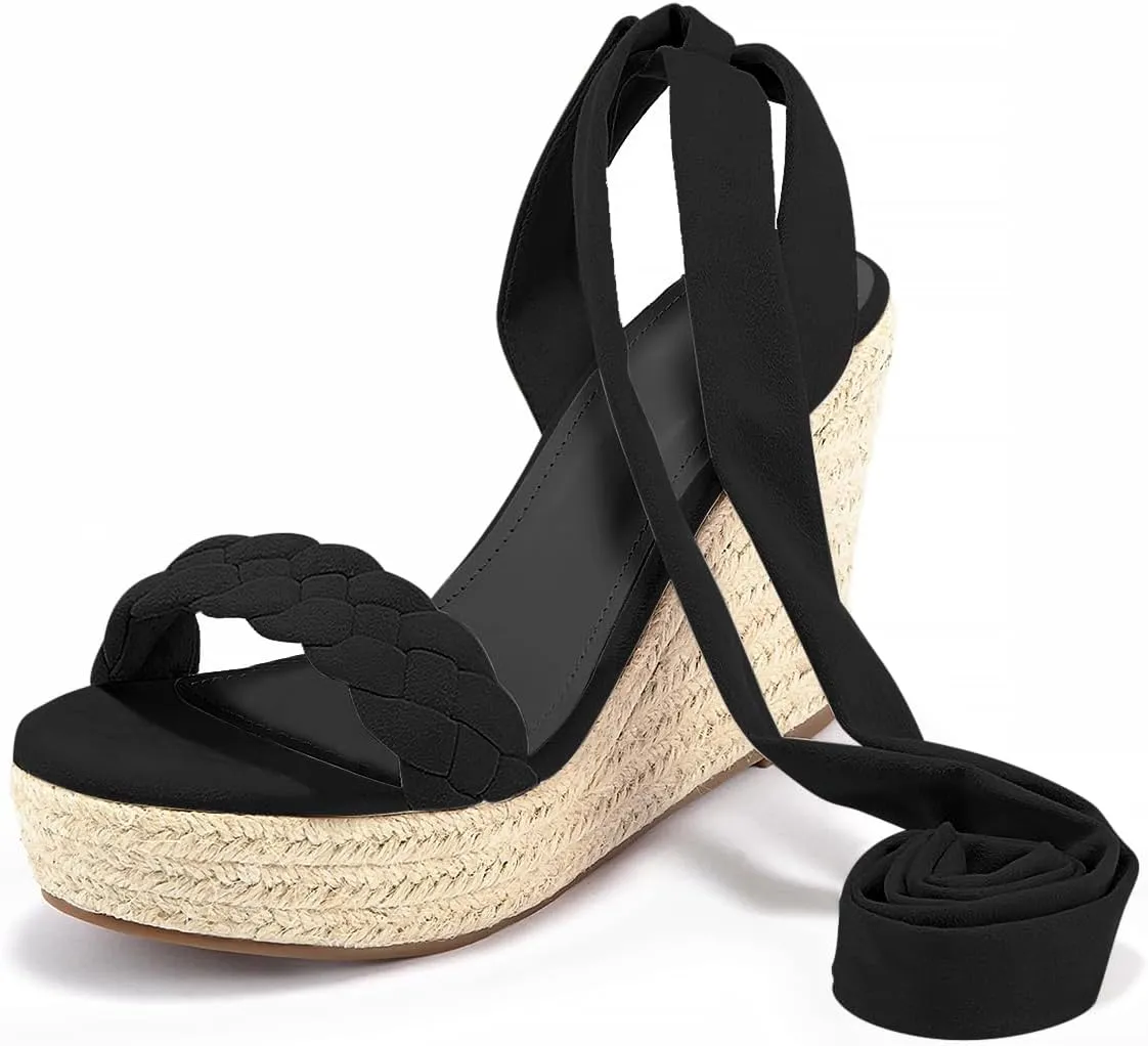 Syktkmx Womens Braided Wedge Espadrille Sandals Lace Up Slingback Open Toe Summer Platform Heeled Shoes