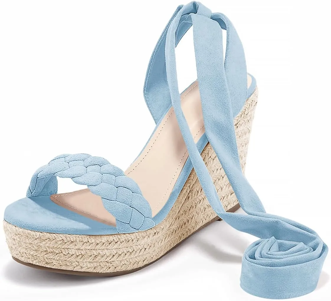 Syktkmx Womens Braided Wedge Espadrille Sandals Lace Up Slingback Open Toe Summer Platform Heeled Shoes