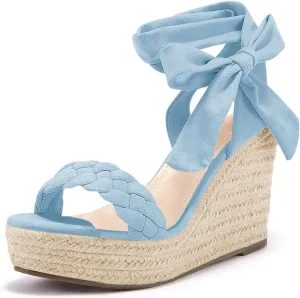 Syktkmx Womens Braided Wedge Espadrille Sandals Lace Up Slingback Open Toe Summer Platform Heeled Shoes