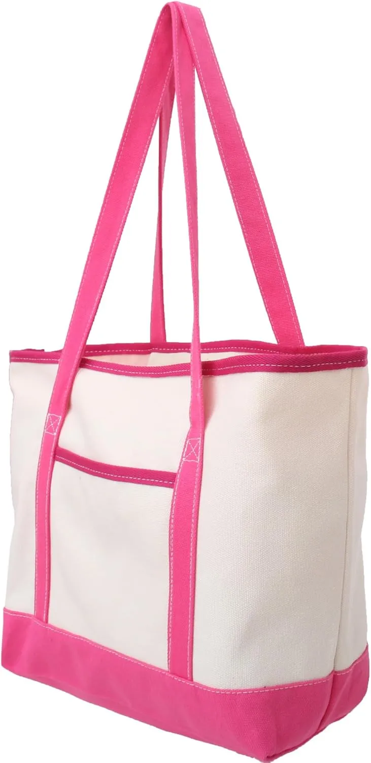 Threadart Personalized with Embroidery Large 100% Cotton Natural Canvas Tote Bag With Hot Pink Handles - 18.5"x11.5"x5.5" - 14 oz Canvas - For Women, Shopping, Beach, Getaways, Gifts