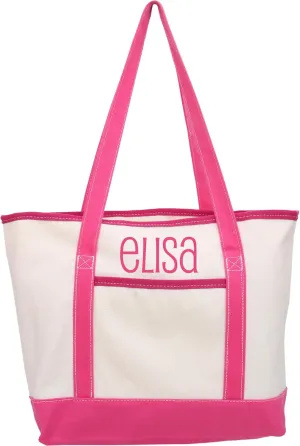 Threadart Personalized with Embroidery Large 100% Cotton Natural Canvas Tote Bag With Hot Pink Handles - 18.5"x11.5"x5.5" - 14 oz Canvas - For Women, Shopping, Beach, Getaways, Gifts