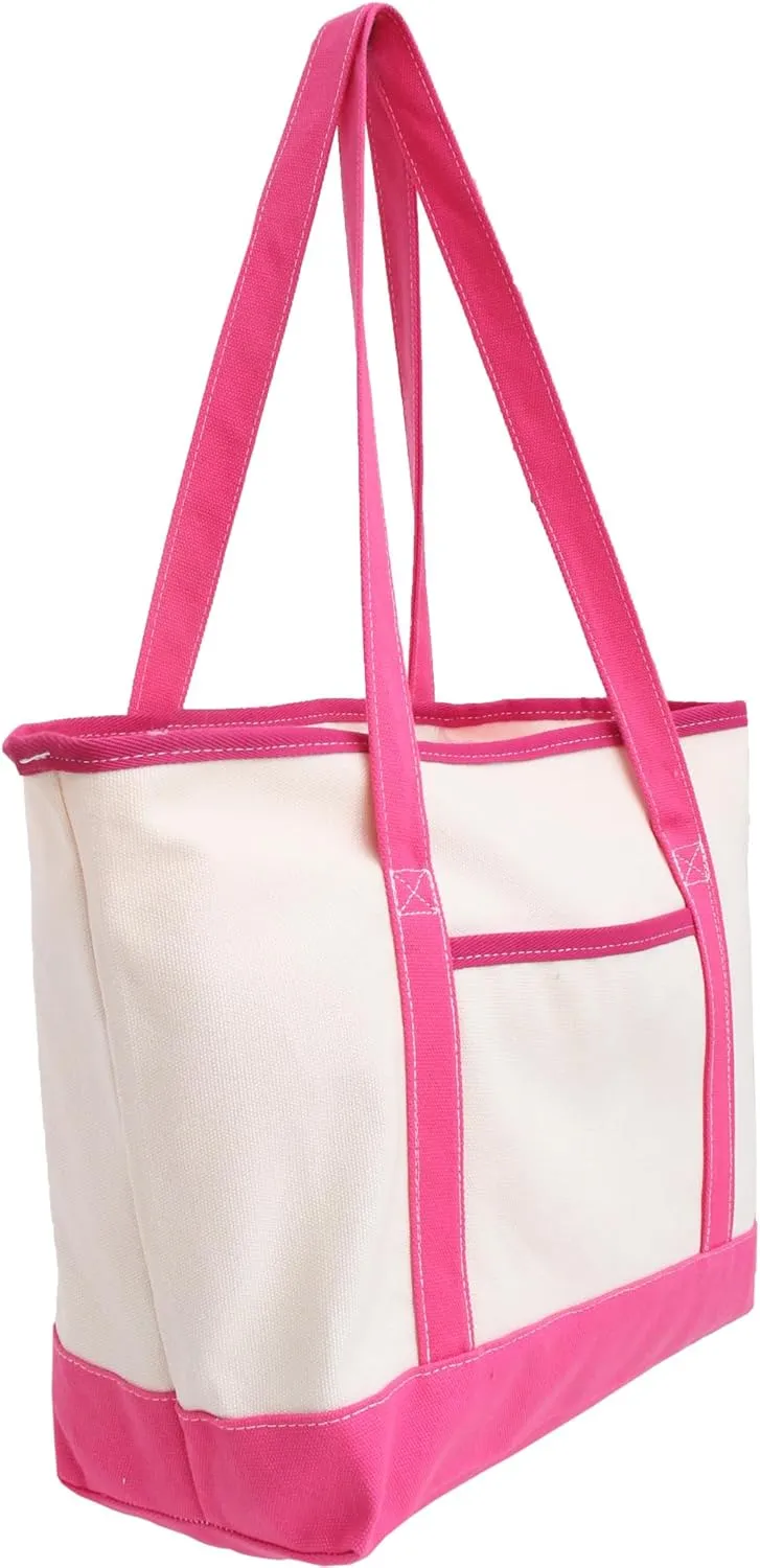 Threadart Personalized with Embroidery Large 100% Cotton Natural Canvas Tote Bag With Hot Pink Handles - 18.5"x11.5"x5.5" - 14 oz Canvas - For Women, Shopping, Beach, Getaways, Gifts