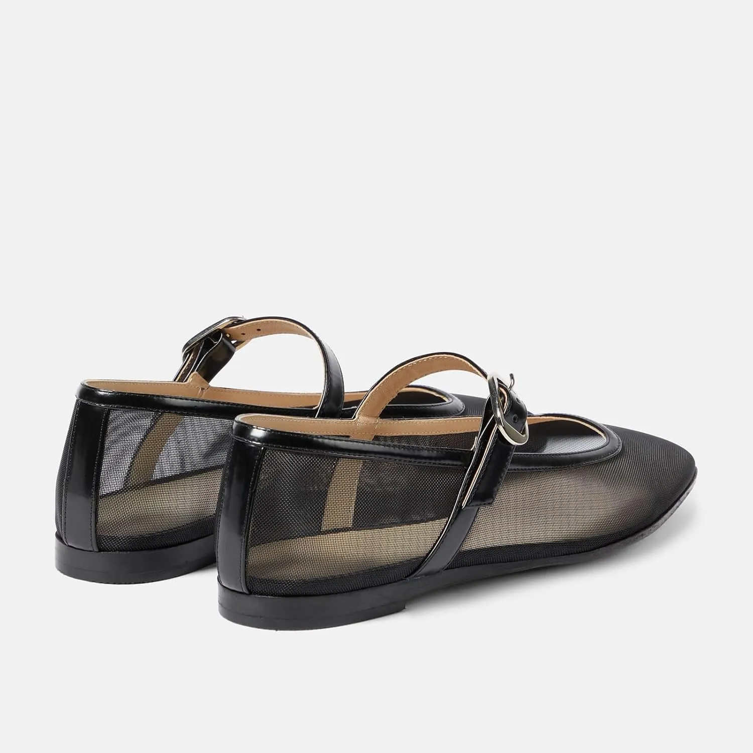 Tulle Mesh Ballet Flats for Women Slingback Square Toe Buckle Strap Slip On Fishnet Ballerina Shoes Casual Comfortable Dress Mary Jane Flat Sandals Leather