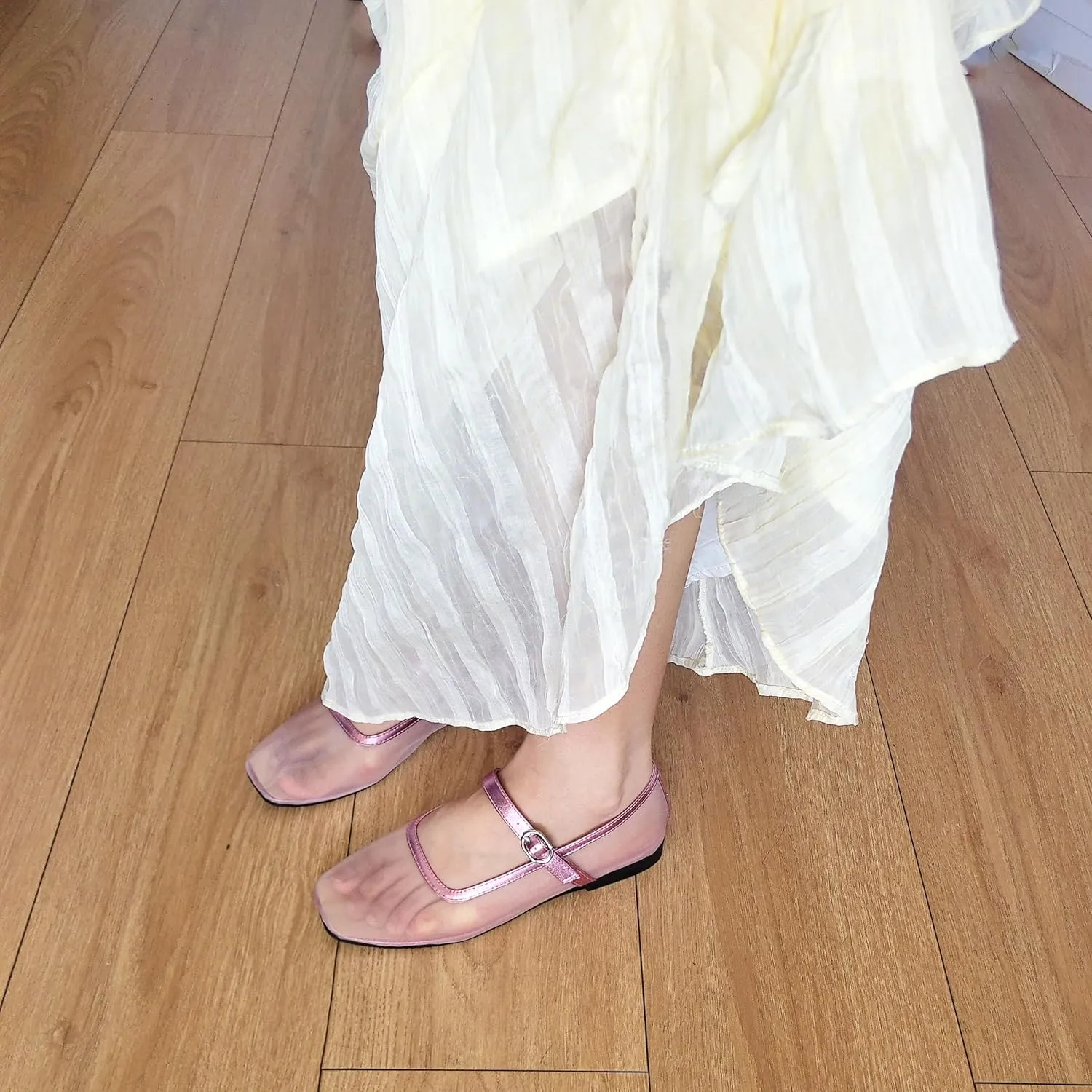 Tulle Mesh Ballet Flats for Women Slingback Square Toe Buckle Strap Slip On Fishnet Ballerina Shoes Casual Comfortable Dress Mary Jane Flat Sandals Leather
