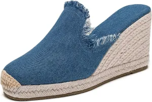U-lite Peep Toe Platform Wedge Sandals for Women, Breathable Ankle-Tie Microfiber Leather Insole Espadrilles Shoes Blue 9