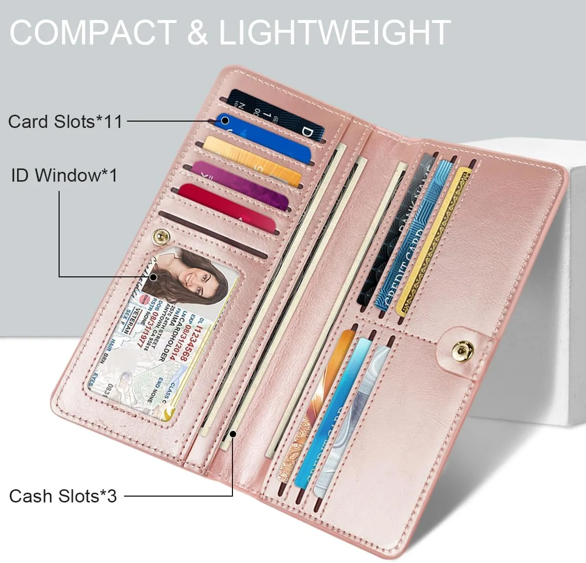 Ultra Slim Womens Wallet Minimalist Thin Long Leather Bifold Wallet RFID Blocking Card Holder Organizer with Zipper Coin Pocket Ladies Girls Gift Purse, Glitter Rose Gold