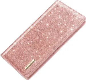 Ultra Slim Womens Wallet Minimalist Thin Long Leather Bifold Wallet RFID Blocking Card Holder Organizer with Zipper Coin Pocket Ladies Girls Gift Purse, Glitter Rose Gold