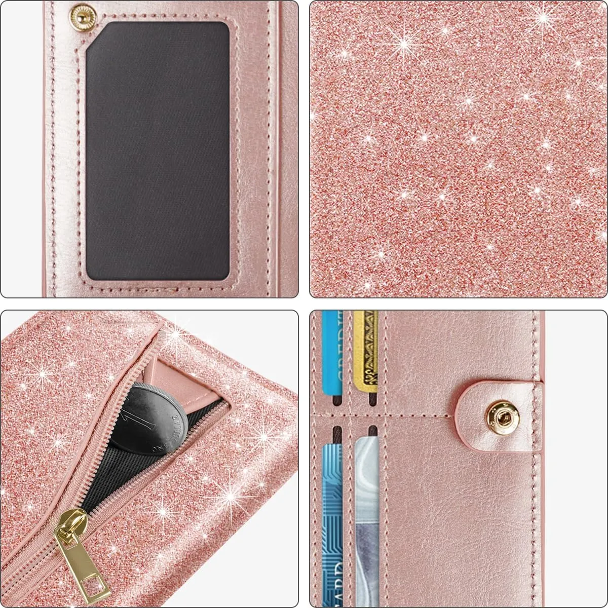 Ultra Slim Womens Wallet Minimalist Thin Long Leather Bifold Wallet RFID Blocking Card Holder Organizer with Zipper Coin Pocket Ladies Girls Gift Purse, Glitter Rose Gold