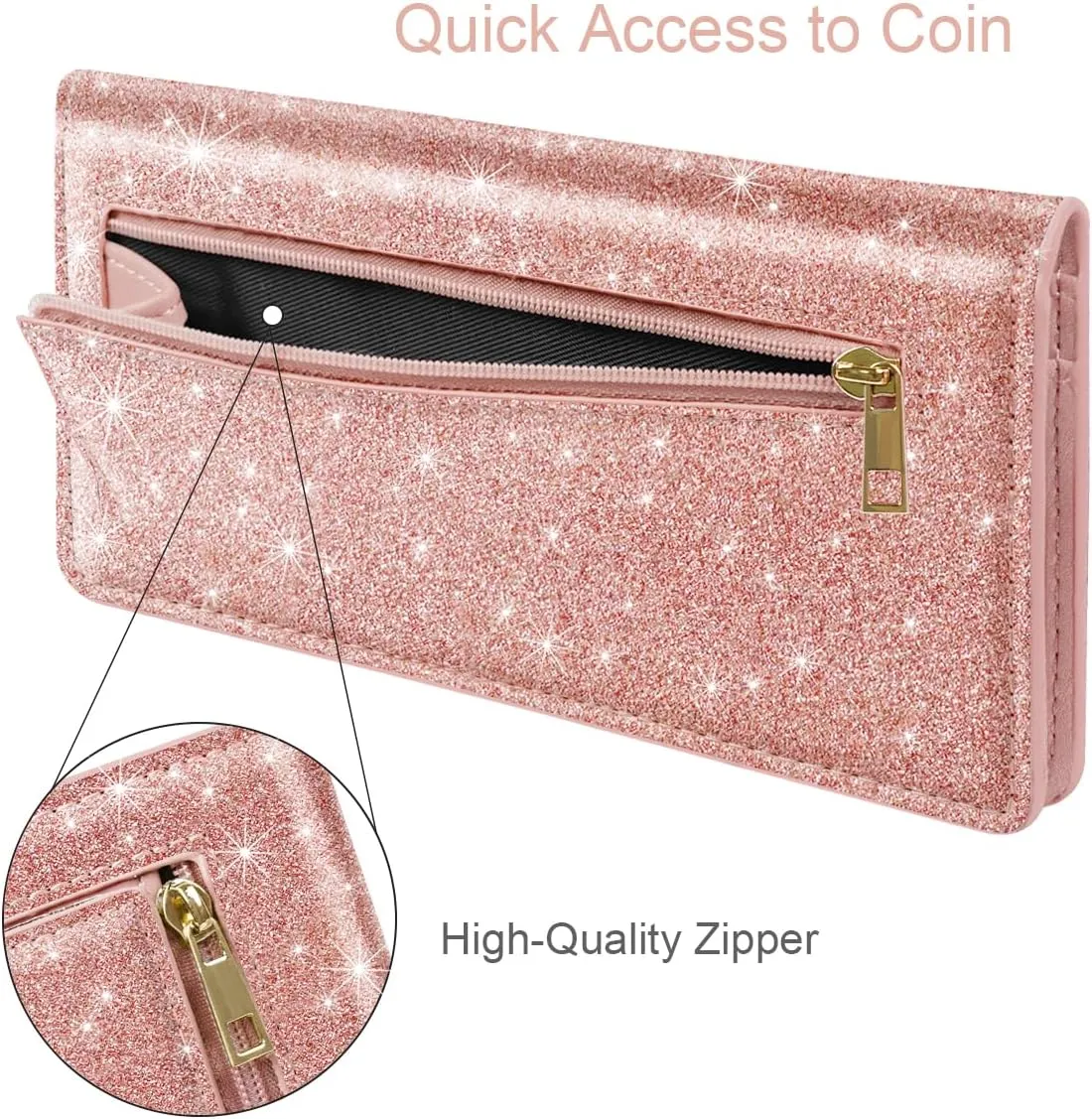 Ultra Slim Womens Wallet Minimalist Thin Long Leather Bifold Wallet RFID Blocking Card Holder Organizer with Zipper Coin Pocket Ladies Girls Gift Purse, Glitter Rose Gold