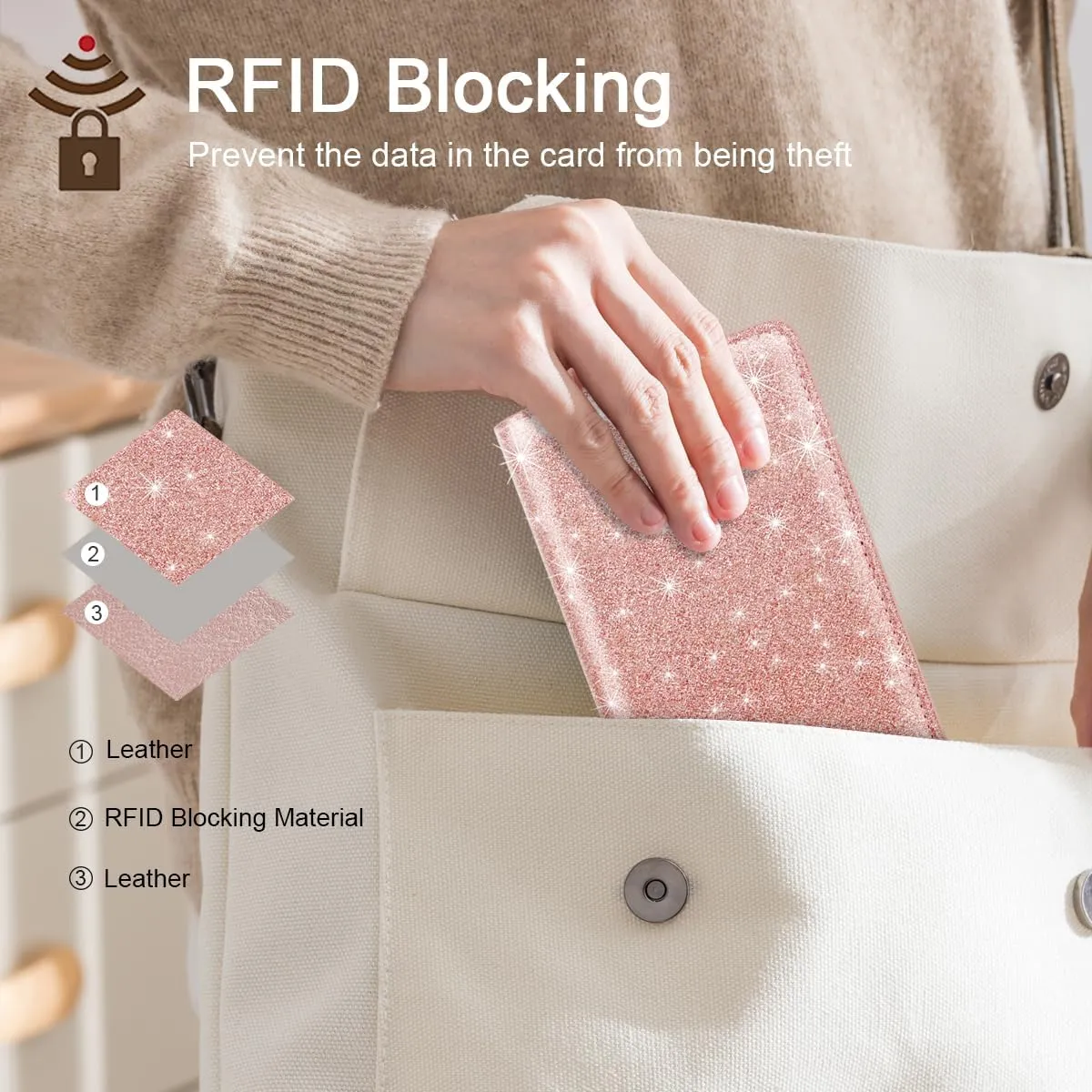Ultra Slim Womens Wallet Minimalist Thin Long Leather Bifold Wallet RFID Blocking Card Holder Organizer with Zipper Coin Pocket Ladies Girls Gift Purse, Glitter Rose Gold