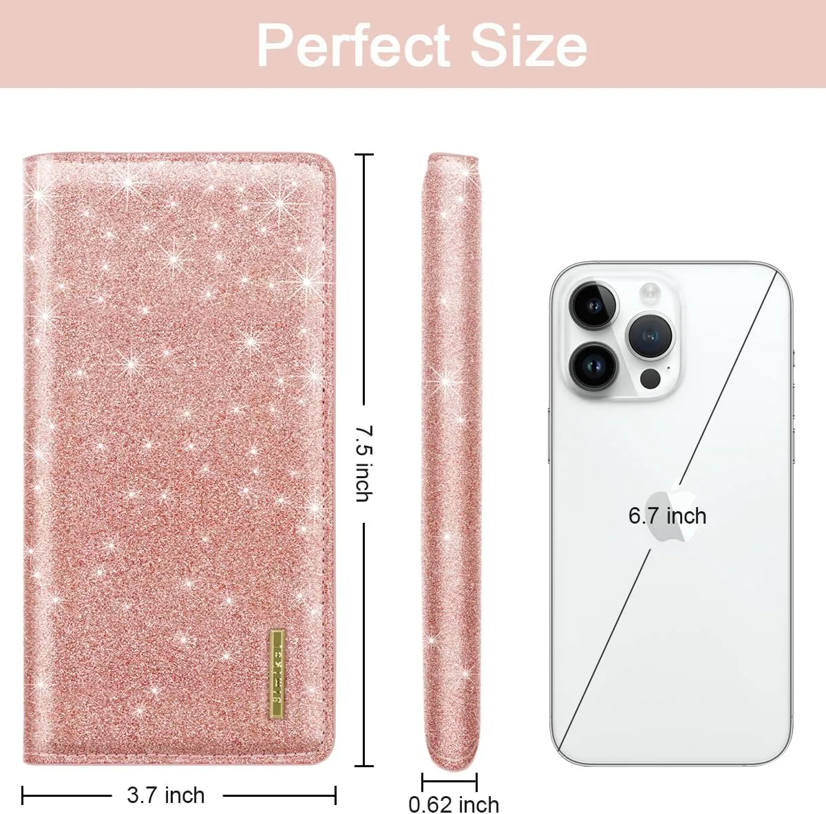Ultra Slim Womens Wallet Minimalist Thin Long Leather Bifold Wallet RFID Blocking Card Holder Organizer with Zipper Coin Pocket Ladies Girls Gift Purse, Glitter Rose Gold