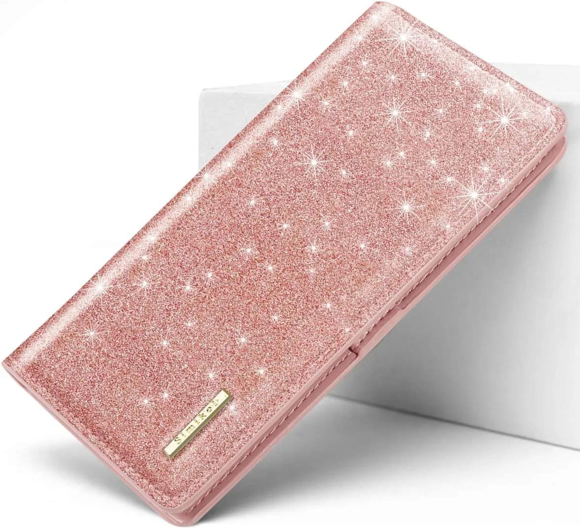 Ultra Slim Womens Wallet Minimalist Thin Long Leather Bifold Wallet RFID Blocking Card Holder Organizer with Zipper Coin Pocket Ladies Girls Gift Purse, Glitter Rose Gold