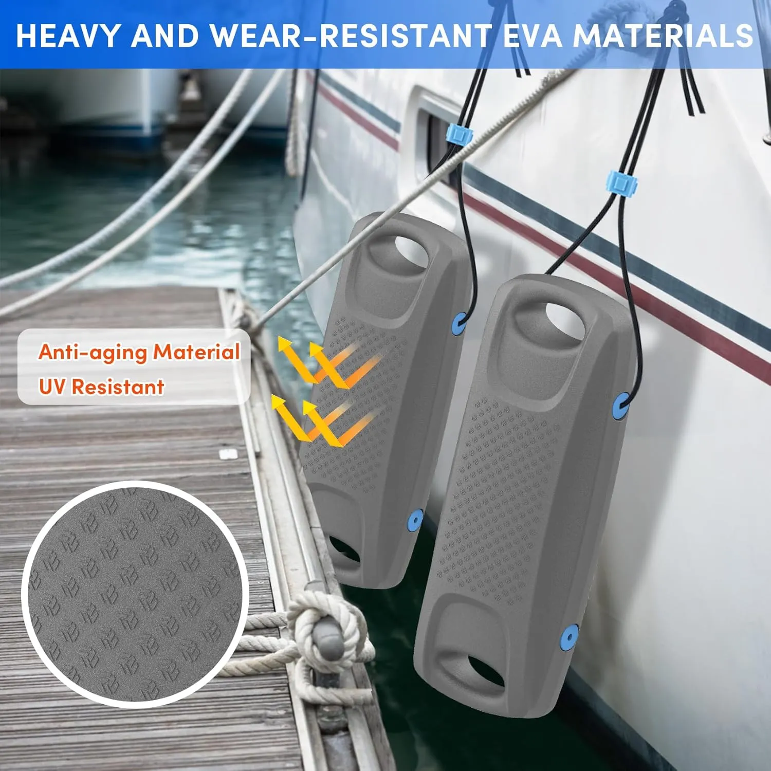 Upgraded Extended 8 x 22 inch Boat Fenders EVA Boat Bumpers Fenders（1,2,4 Pack）,Boat Bumpers for Docking Ideal for Fishing Boat, Pontoon, Bass,Dock,PWC,Jet Ski(3 Color)